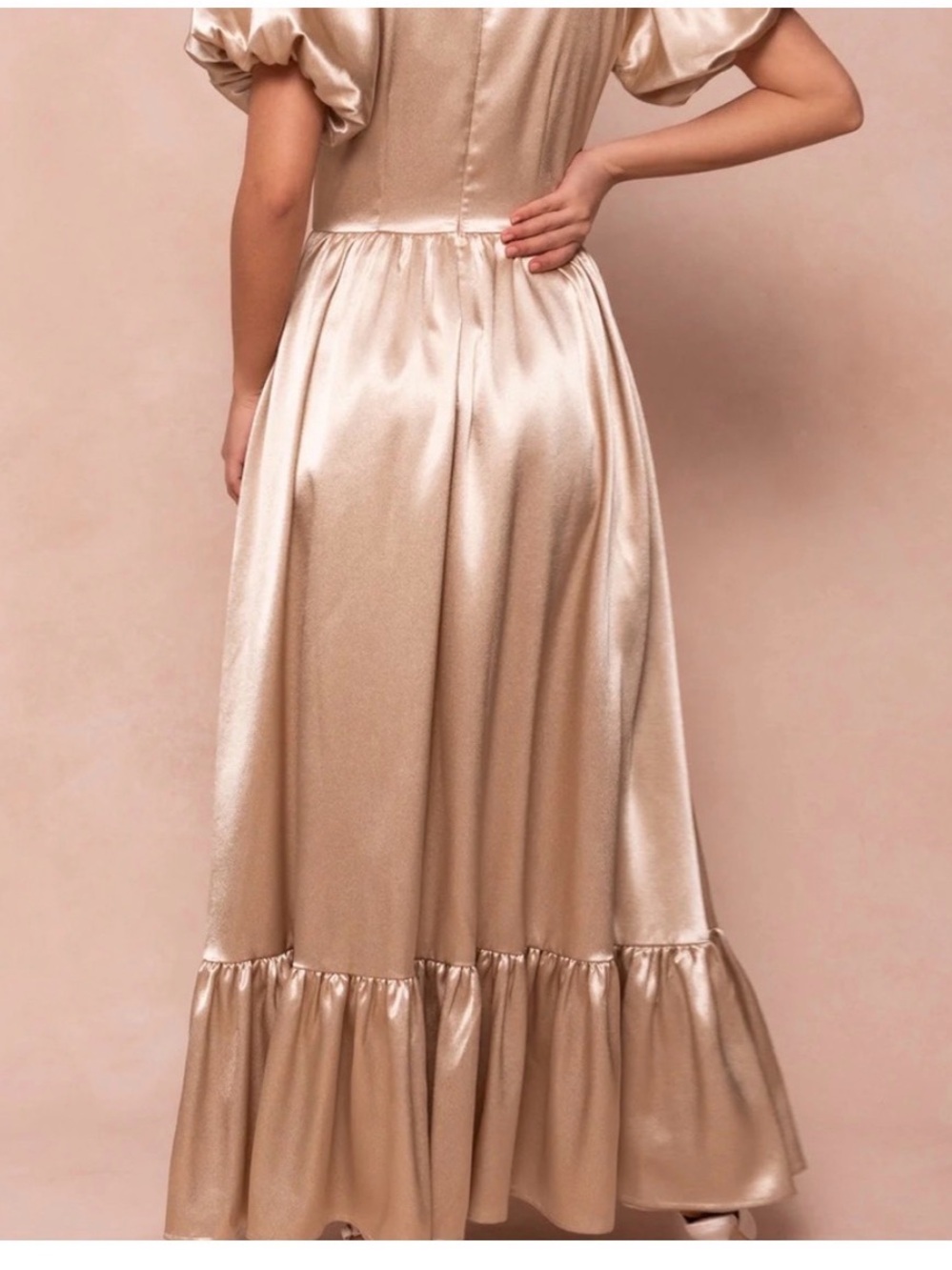 Ivy City Co Gold Satin Ruffle-Trim Maxi Dress - Picture 14 of 14